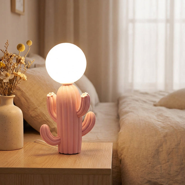 Luminacti Novelty Cactus Table Lamp with green plush cactus base and clear glass globe, perfect for bedroom decor