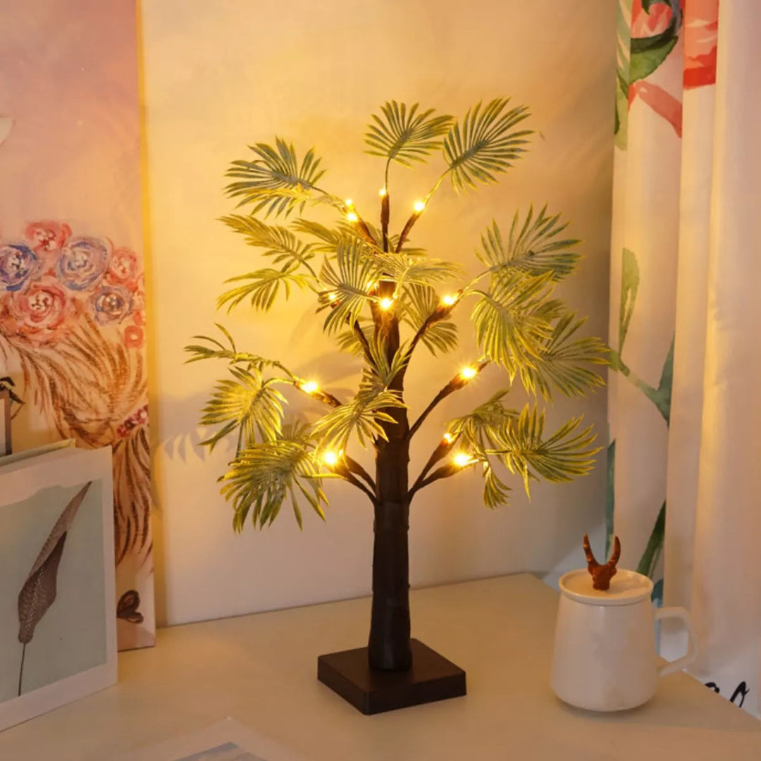 Tropical palm tree accent LED lamp, battery-operated for versatile placement and ambient lighting.