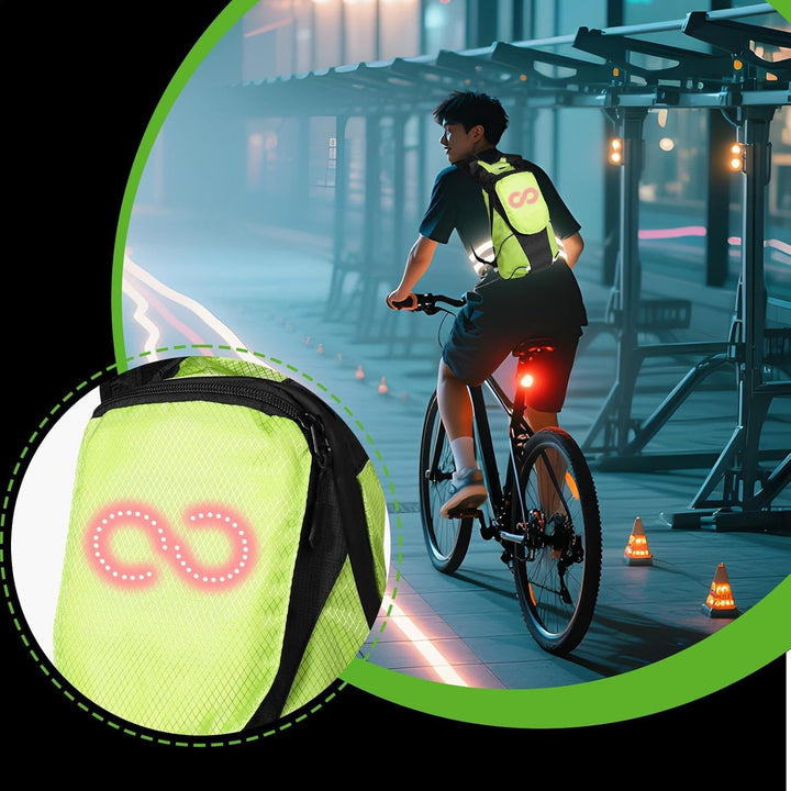 Detail shot of the durable material and LED strips on a night riding safety backpack.