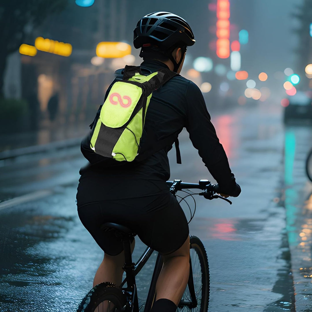 Programmable LED display on a motorcycle backpack showing a clear safety warning for traffic.