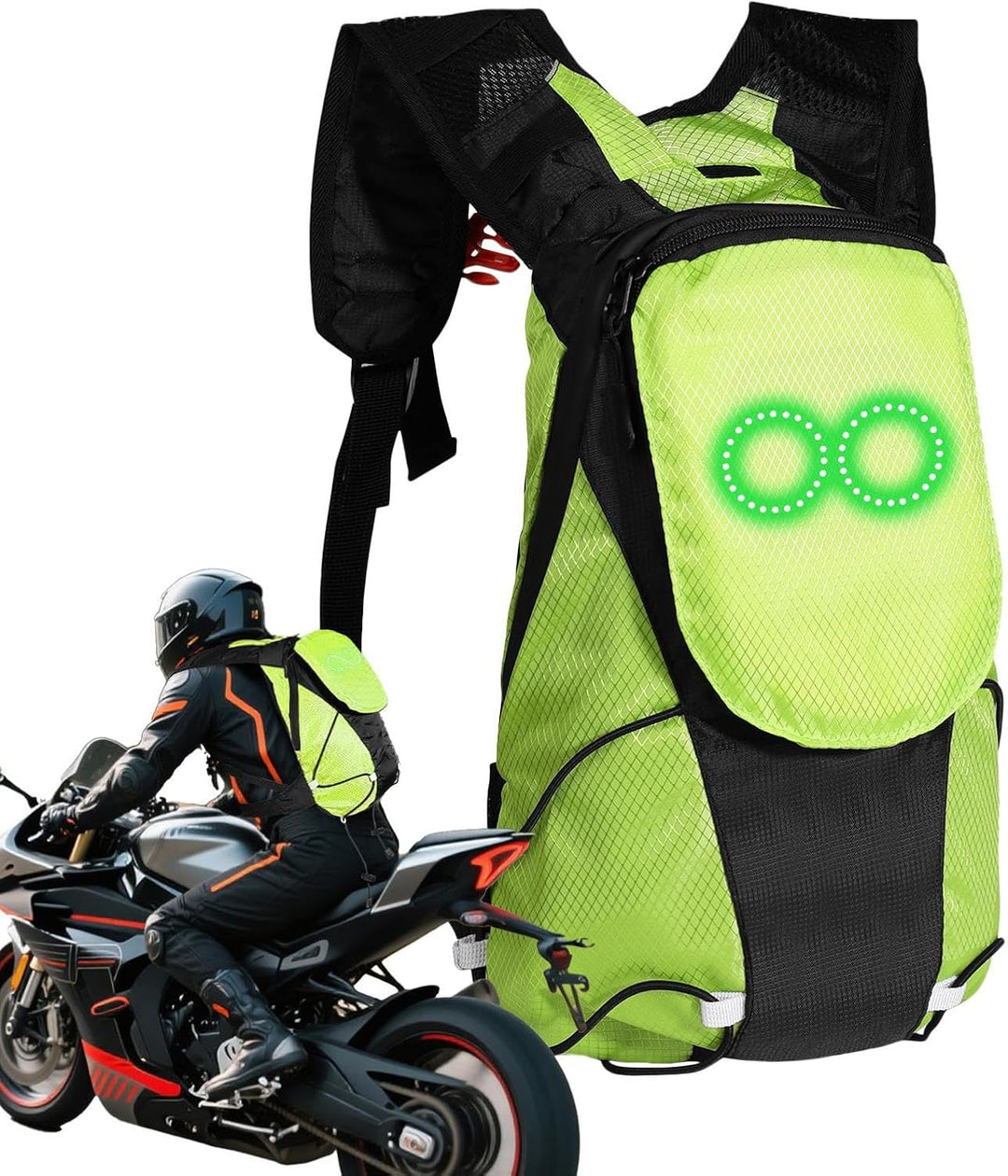 Rear view of the LED motorcycle backpack, showcasing its full luminous display for maximum safety.