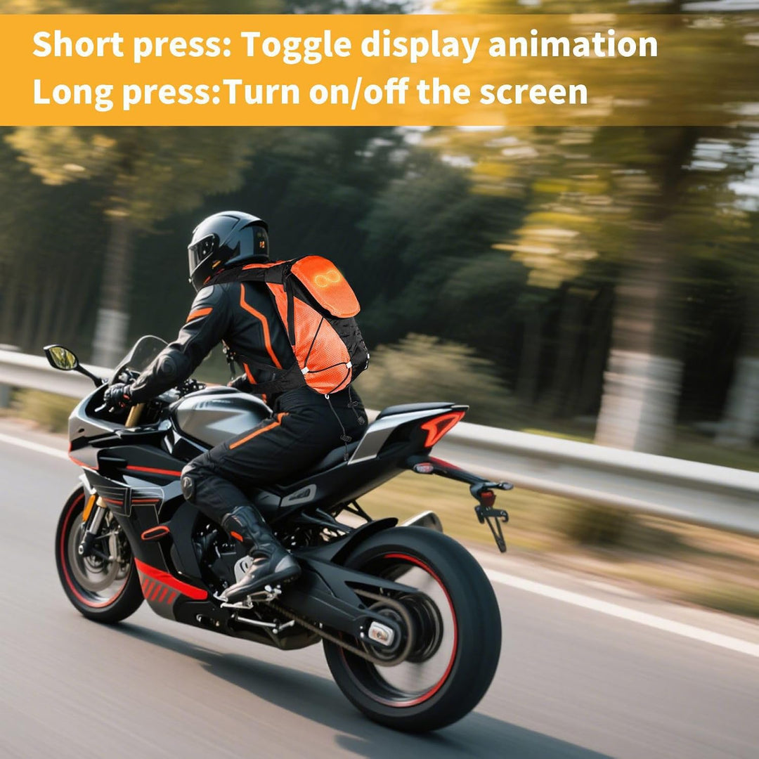 Unisex LED backpack with programmable light display for enhanced visibility during night riding.