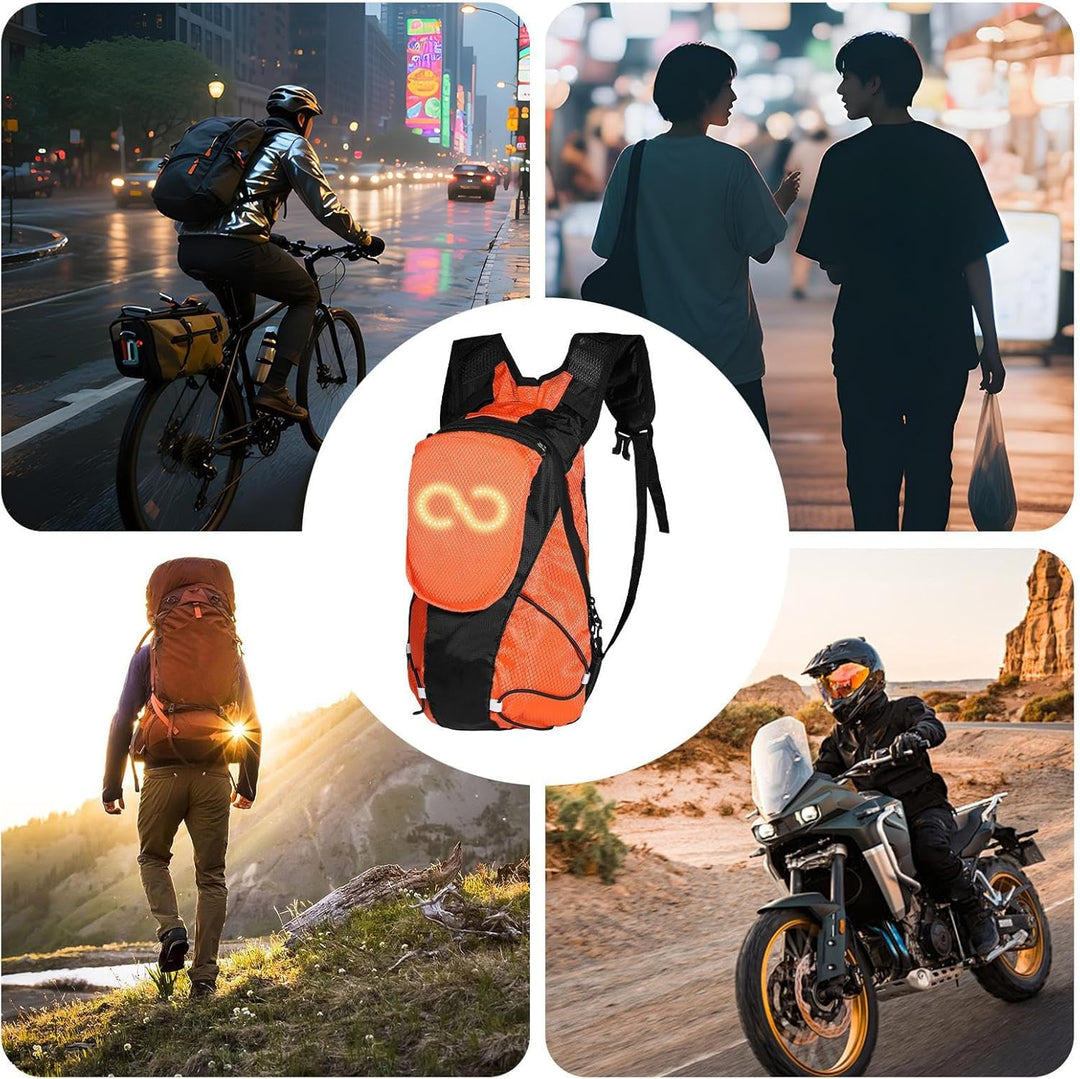 Lumaro brand glowing backpack, designed for night safety with bright LED light patterns.