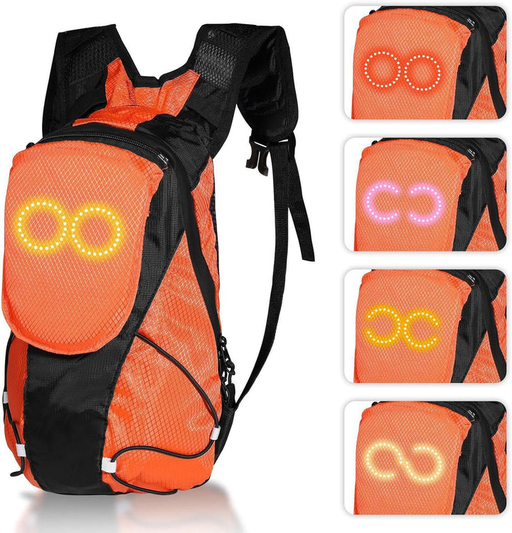 Motorcyclist wearing a Luminous LED backpack at night, showing its bright glow for visibility.