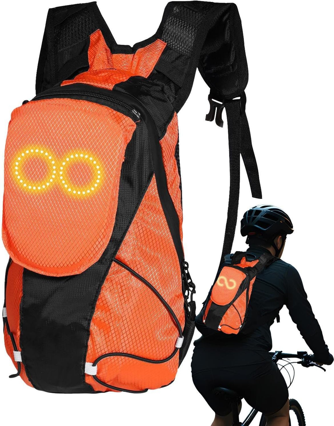 LED cycling backpack with a dynamic light pattern, ensuring safety for night bike commuters.