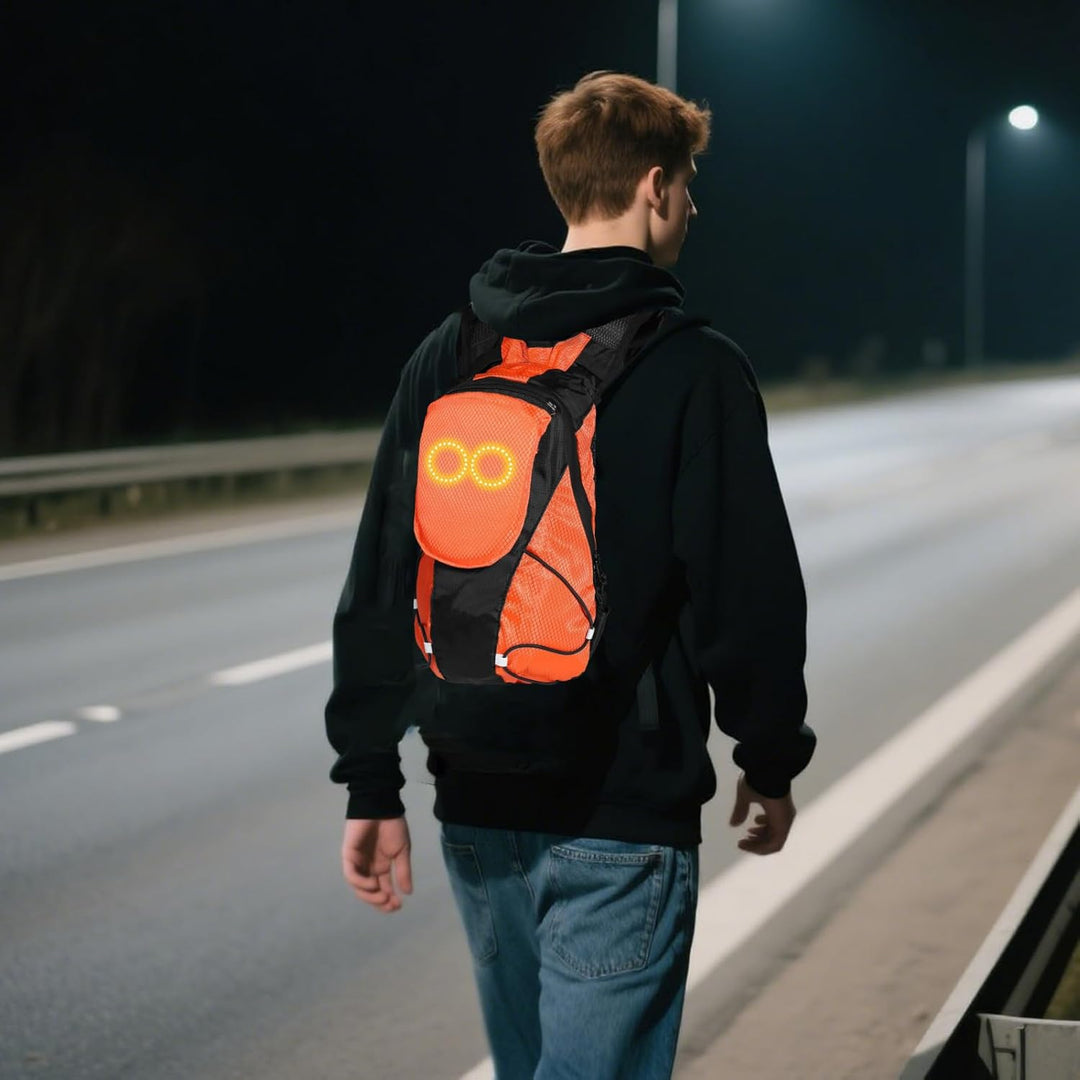 Adjustable straps on a waterproof LED safety backpack, ideal for outdoor enthusiasts.