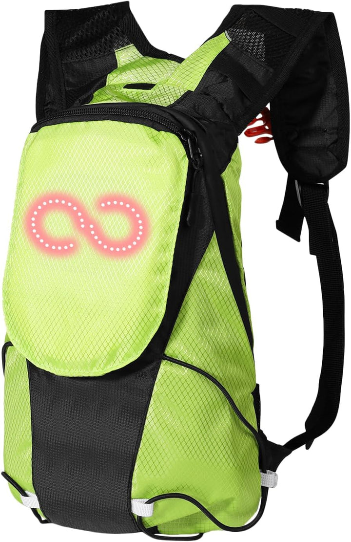 Front view of a sleek, black unisex LED backpack with glowing elements for night-time use.