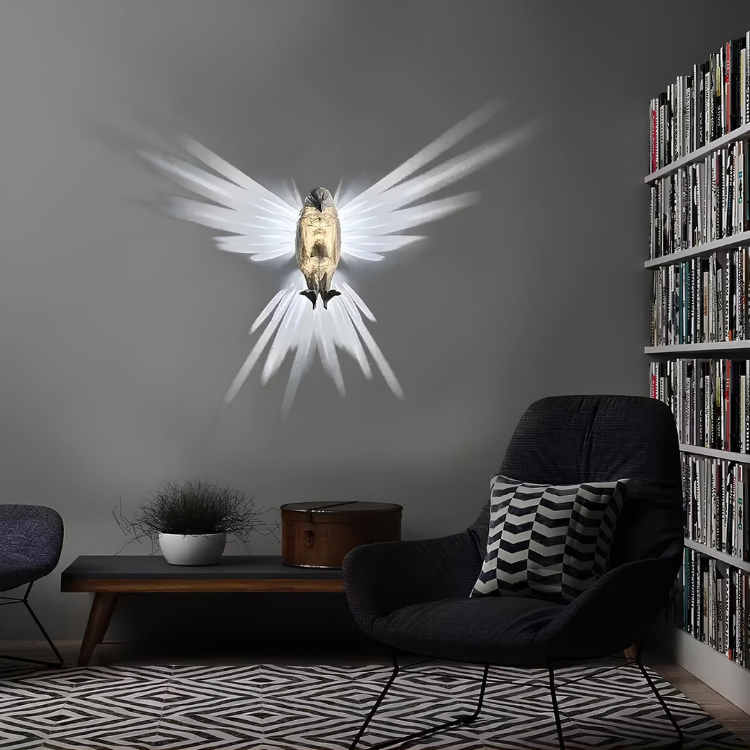 Luminous Wings Wall Lamp glowing on a pale wall, intricate feather details, decorative avian design.