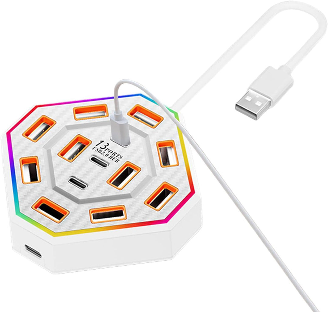 Lumora 13-port USB-C docking station with vibrant RGB lighting, enhancing any workspace setup.