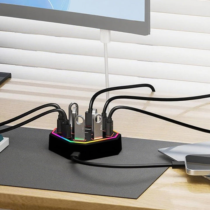 Close-up of the USB ports on the Lumora 13-port docking station, ideal for tech enthusiasts.