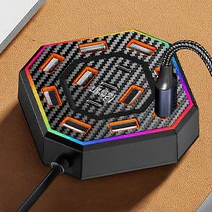 Backlit RGB lighting of the Lumora USB-C hub, adding a futuristic touch to a computer setup.