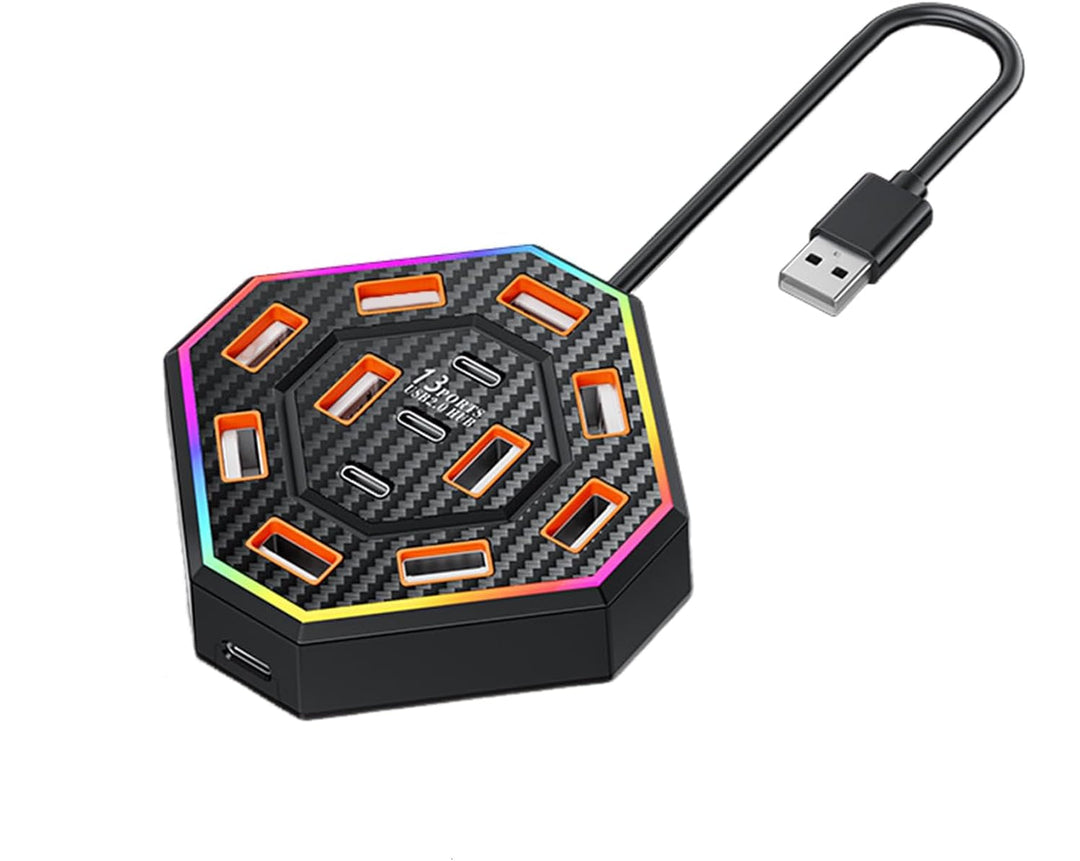 Dynamic RGB lighting effects on the Lumora 13-port USB-C hub, perfect for gaming or creative setups.