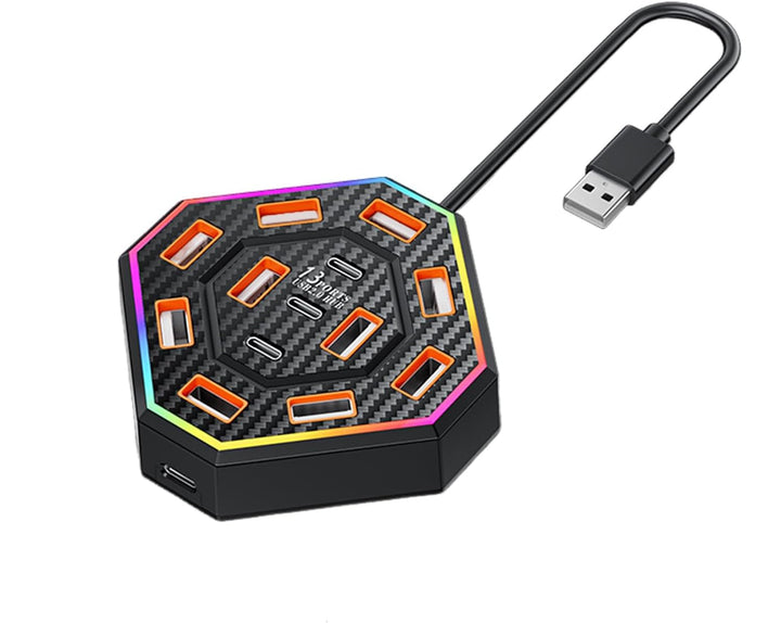 Dynamic RGB lighting effects on the Lumora 13-port USB-C hub, perfect for gaming or creative setups.