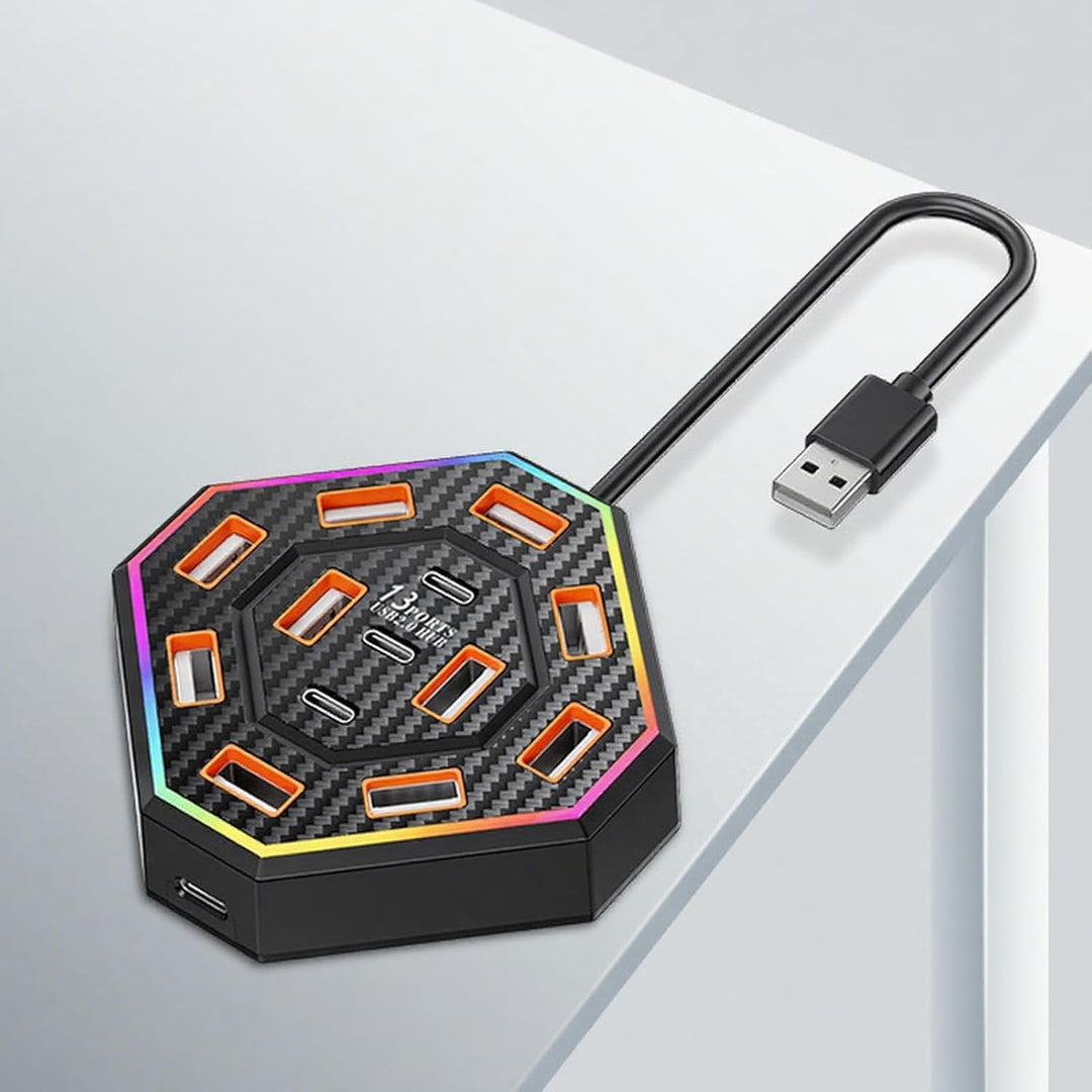 Top-down view of the Lumora USB-C hub, showcasing its intuitive layout and integrated RGB lighting.