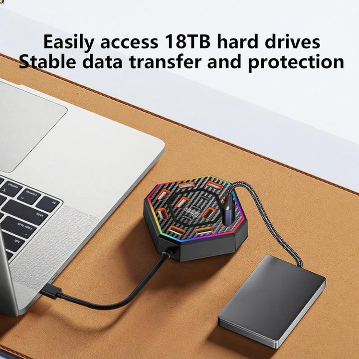 Professional workspace enhanced by the Lumora 13-port docking station with strategic RGB accents.