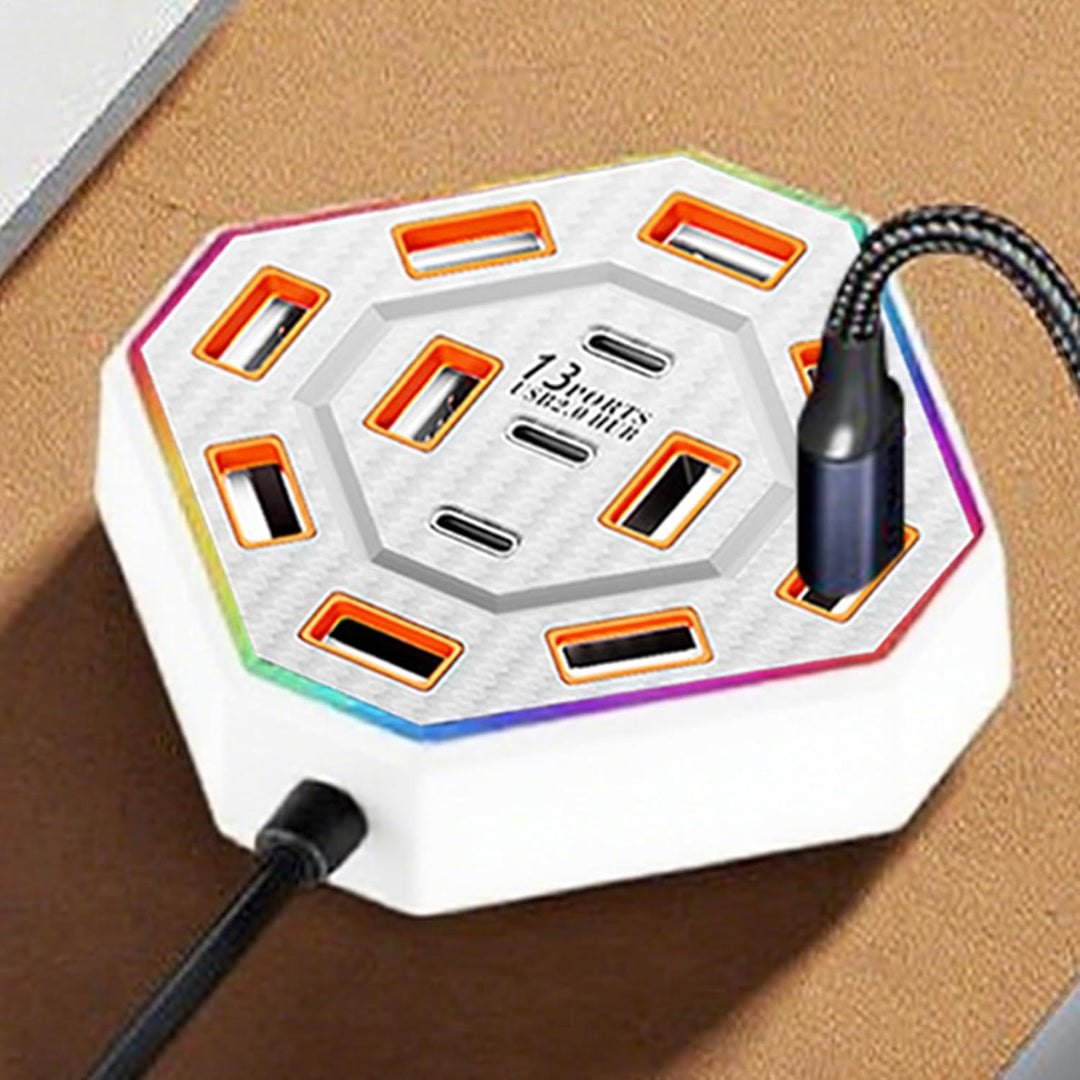 Modern tech gadget: Lumora USB-C docking station with a sleek design and customizable RGB lighting.