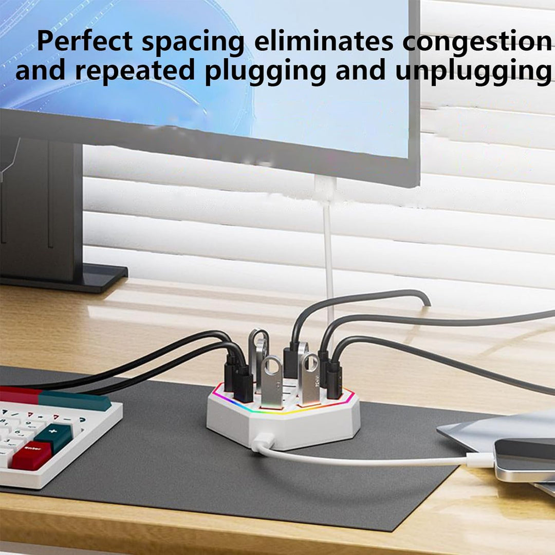 Detailed view of the Lumora docking station, highlighting its numerous ports and dynamic RGB lighting.