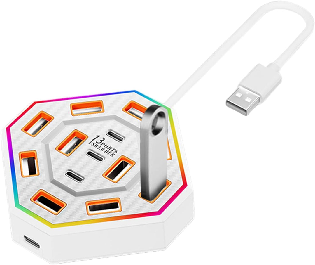 Front view of the Lumora USB-C hub, emphasizing its robust build and easy-access ports with RGB lights.