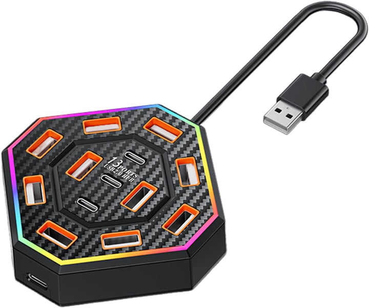 Lumora Type-C docking station connected to a laptop, providing expanded connectivity and vibrant RGB.
