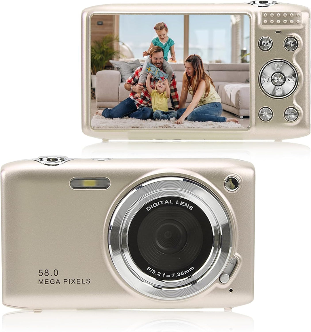 Lumora 4K compact digital camera, 58MP photos, 16X zoom, black body, front view