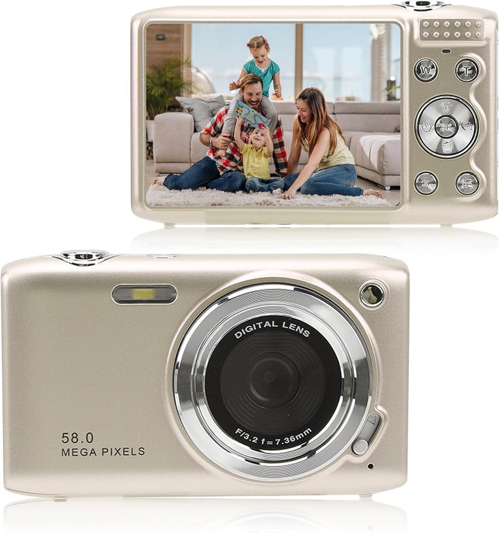 Lumora 4K compact digital camera, 58MP photos, 16X zoom, black body, front view