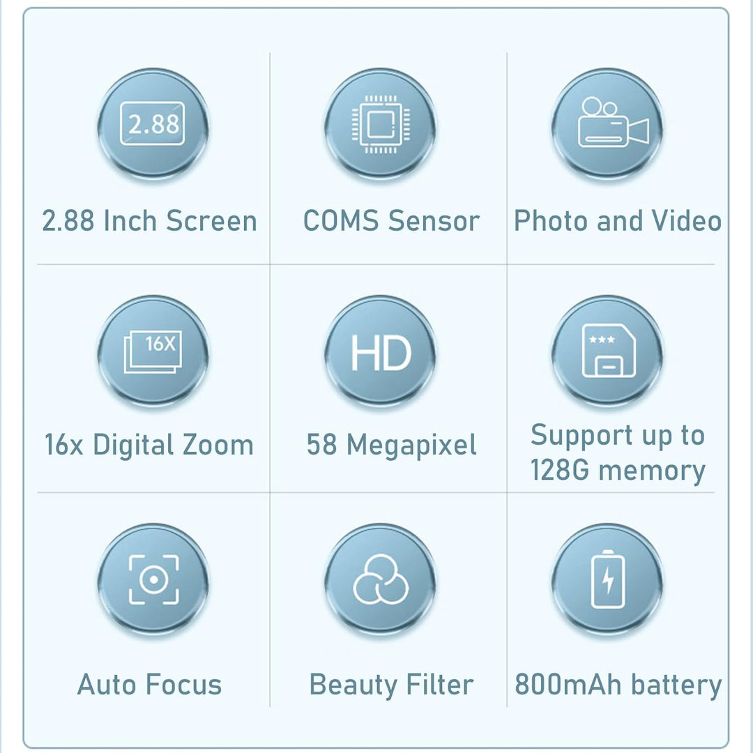 Back view of Lumora 4K digital camera, 58MP photos, 16X zoom, LCD screen displaying image