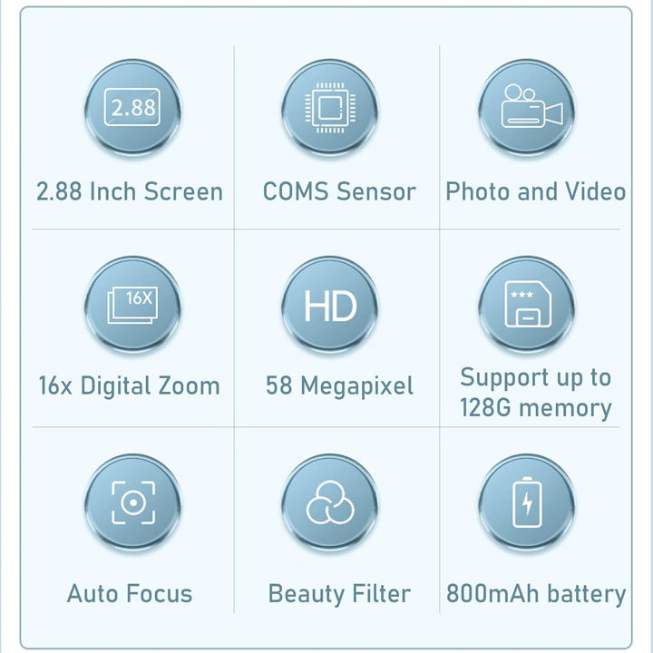 Back view of Lumora 4K digital camera, 58MP photos, 16X zoom, LCD screen displaying image