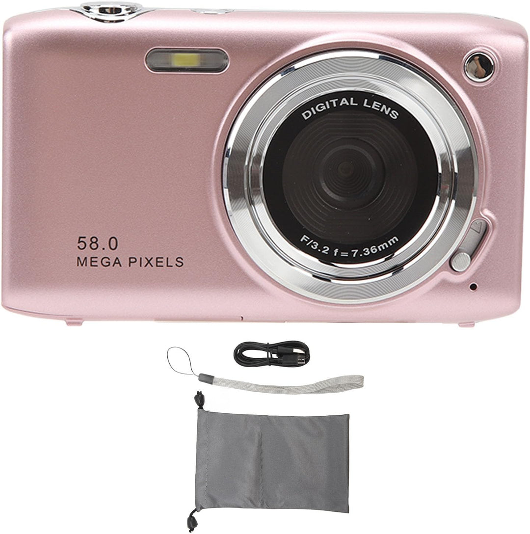 Beginner camera Lumora 4K, 58MP, 16X zoom, held by a person, blurry city background