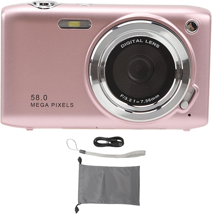Beginner camera Lumora 4K, 58MP, 16X zoom, held by a person, blurry city background