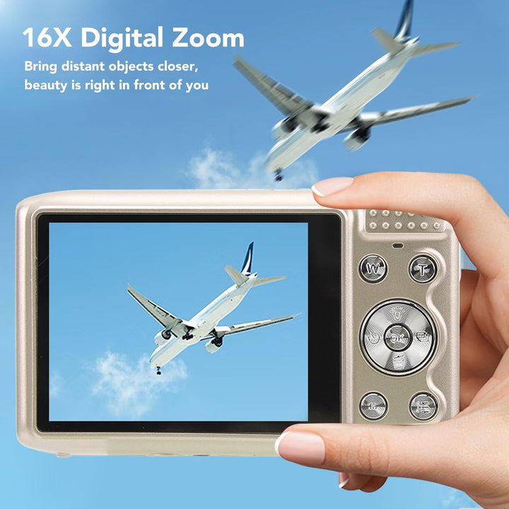 Compact Lumora 4K digital camera, 58MP sensor, 16X optical zoom, ideal for travel photography