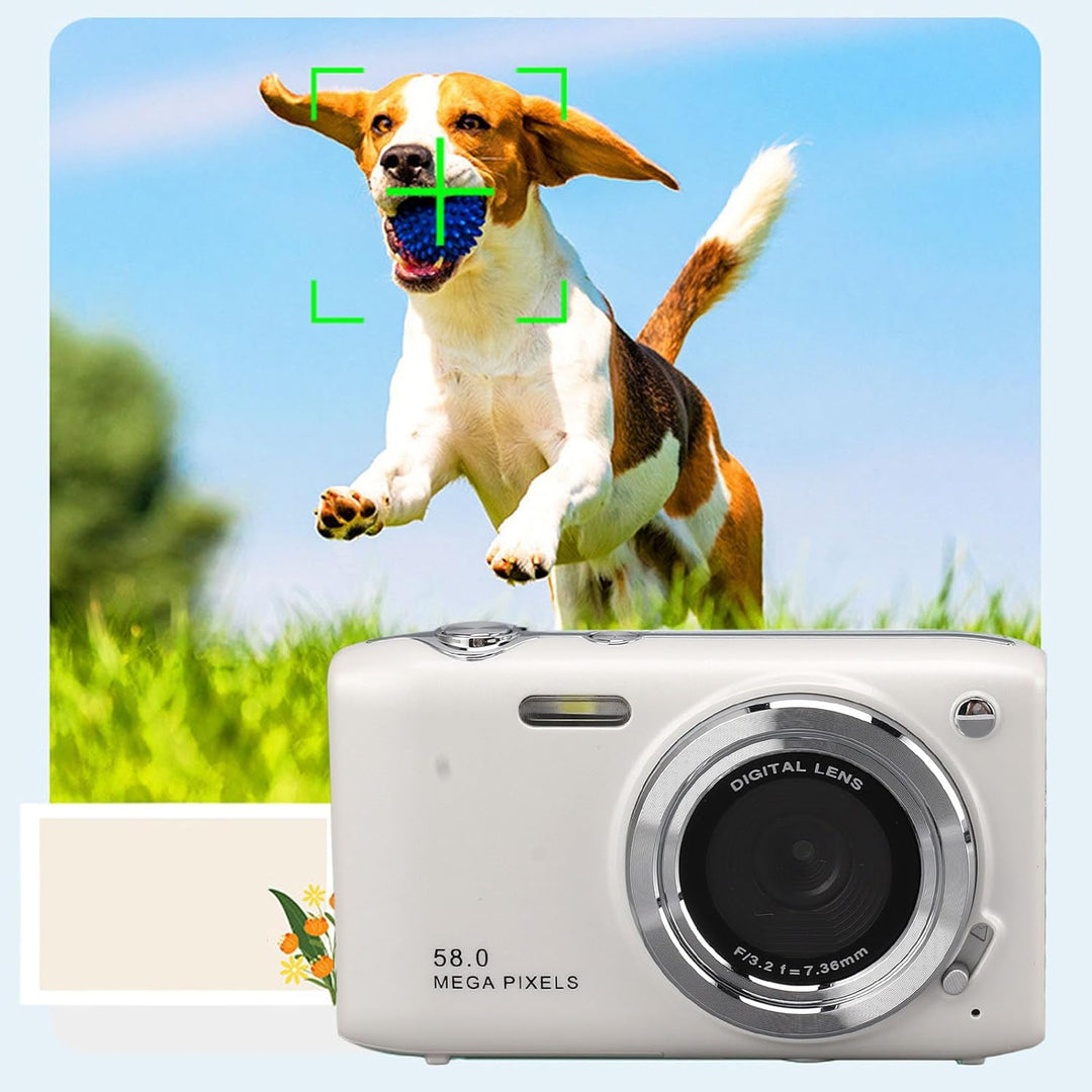 Lumora 4K compact digital camera, 58MP photos, 16X zoom, with flash deployed