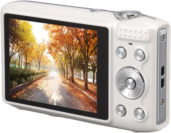 Lumora 4K compact camera, 58MP, 16X zoom, black body, placed on a wooden table
