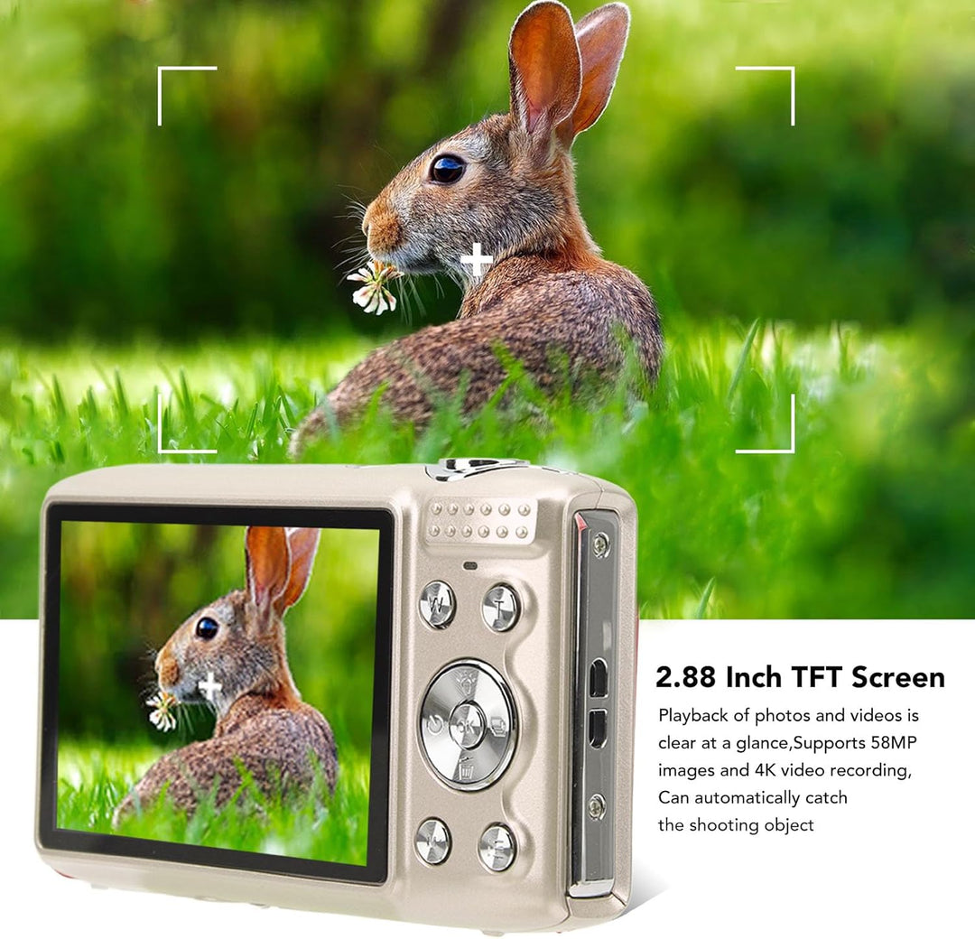 Beginner-friendly Lumora 4K camera, 58MP photos, 16X zoom, sleek design, side profile