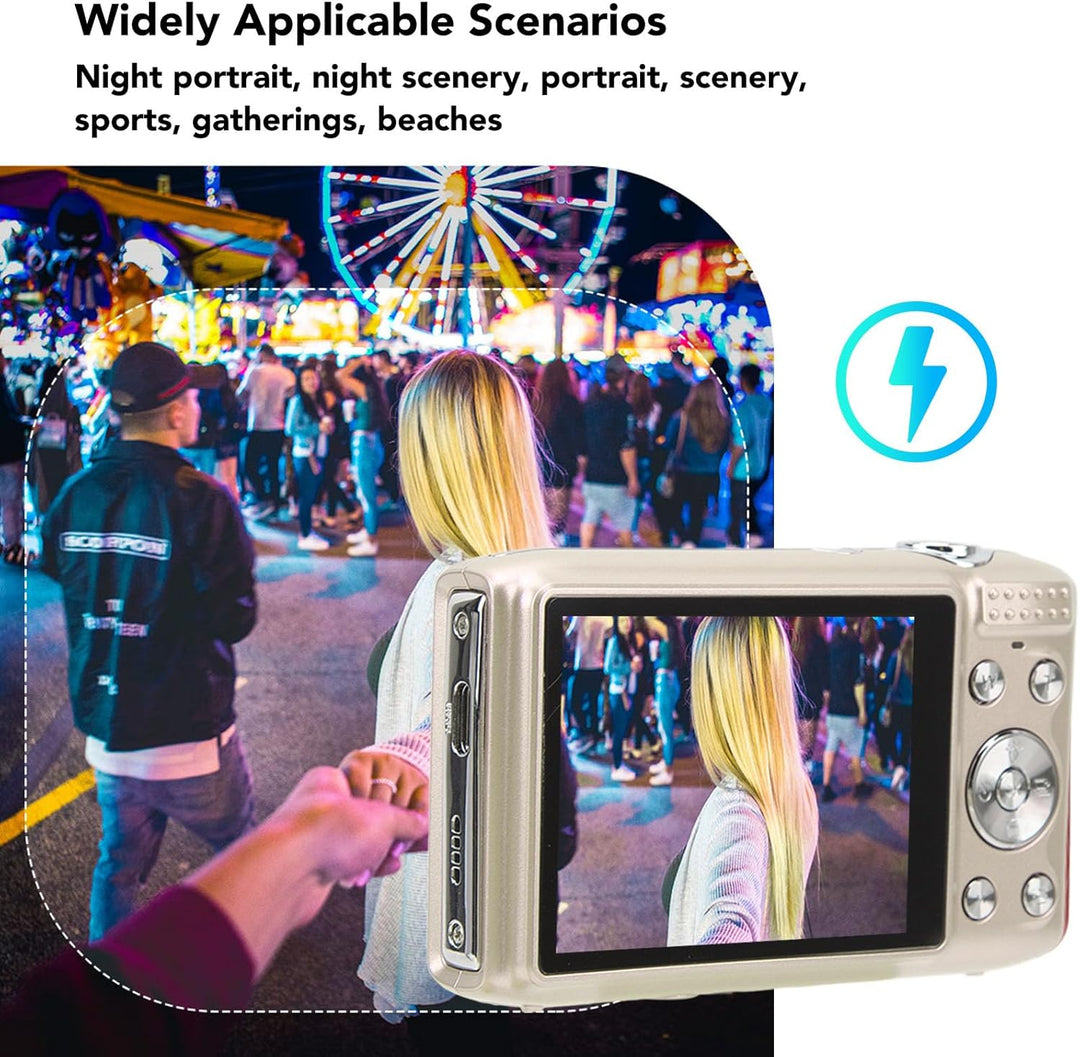 Detailed shot of Lumora 4K compact digital camera, 58MP resolution, 16X zoom, controls visible