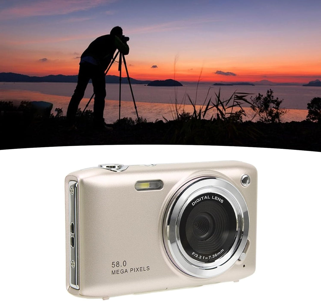 Lumora 4K digital camera, 58MP, 16X zoom, on a tripod, capturing a landscape