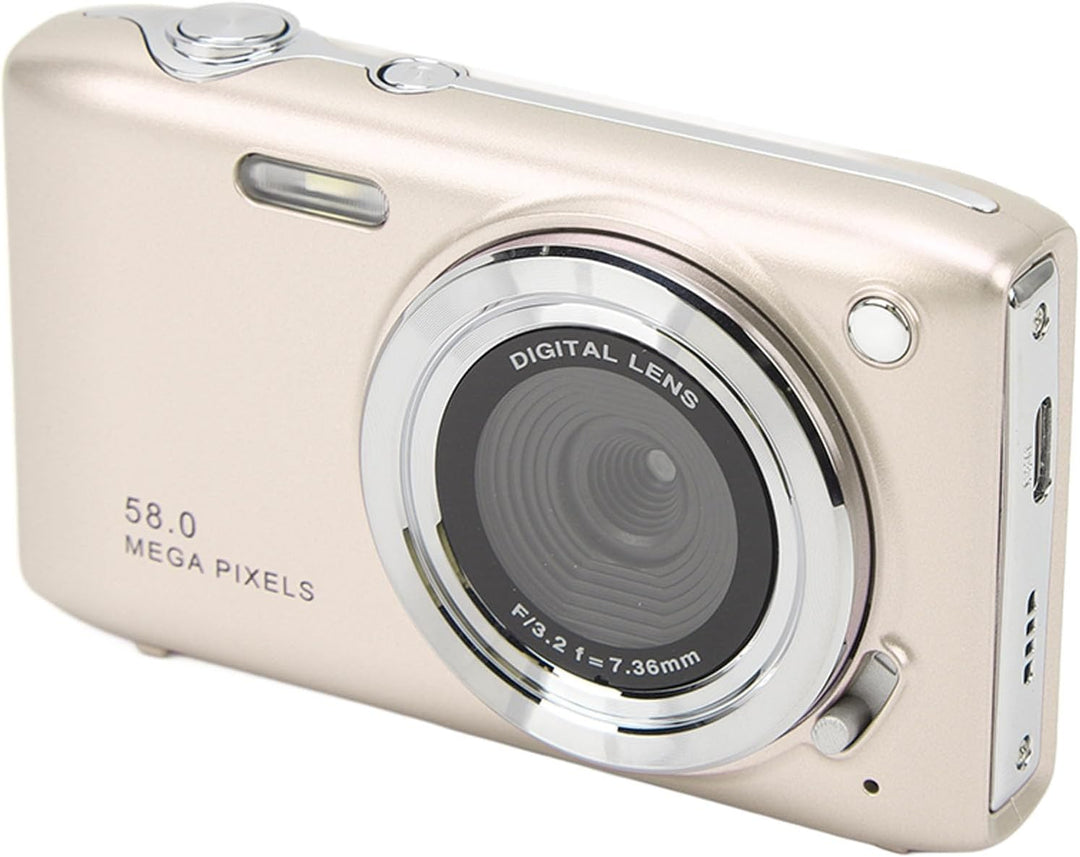 Close-up of the lens on Lumora 4K compact digital camera, 58MP, 16X zoom capability