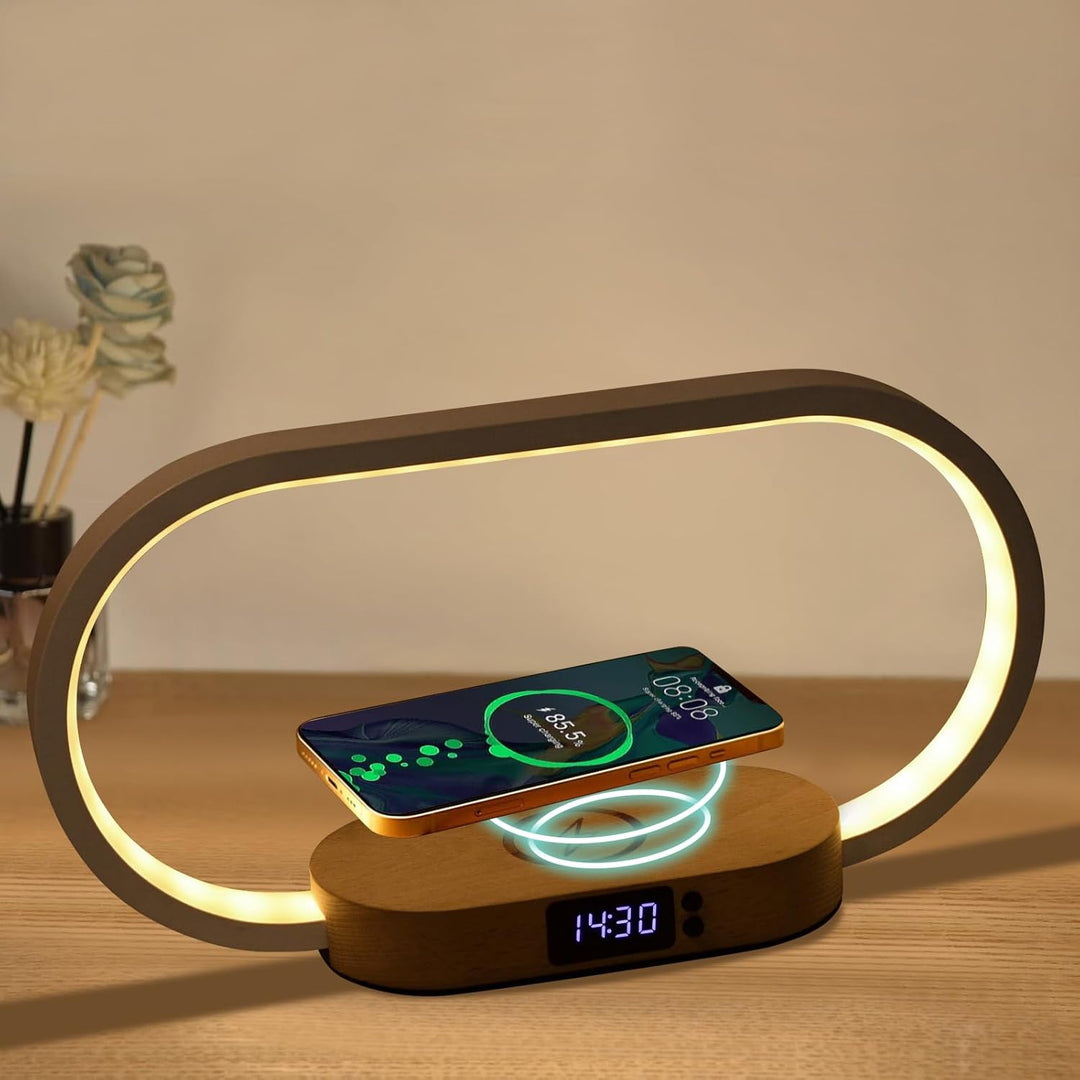 Lumora wireless charging bedside lamp with clock, white, on a modern nightstand