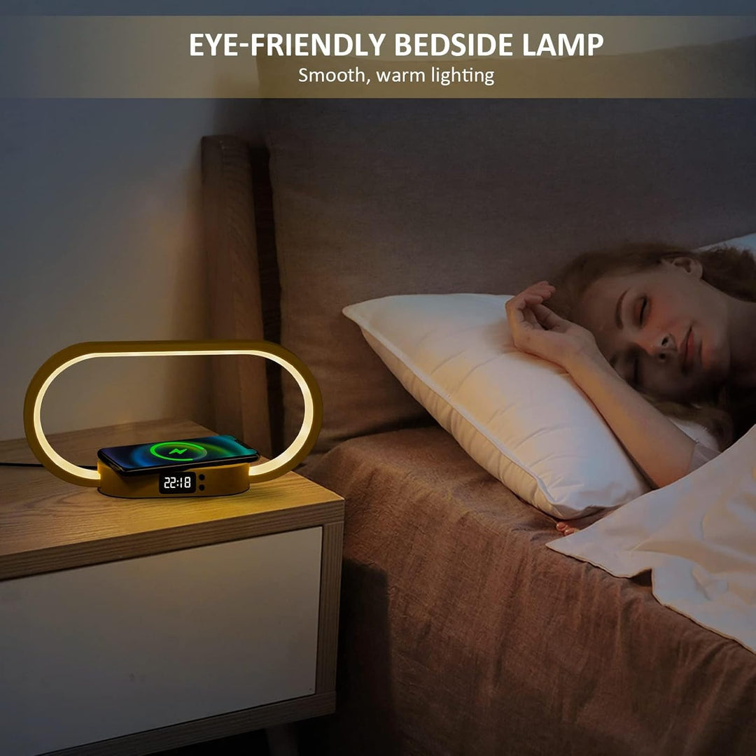Close-up of Lumora bedside lamp featuring integrated clock display and wireless charging pad