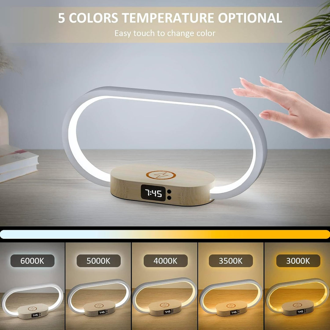 Stylish white Lumora bedside table lamp with clock and phone wirelessly charging