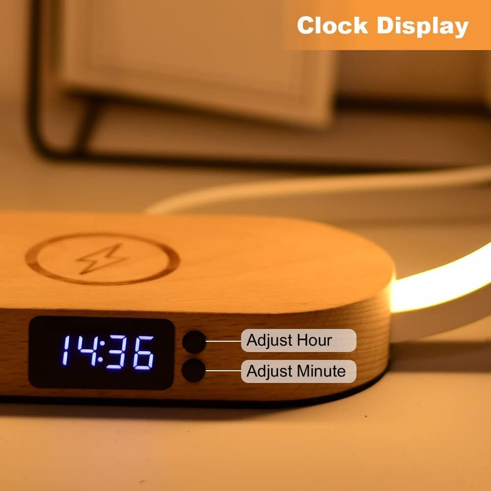 Lumora lamp with digital clock, providing soft light and convenient phone charging