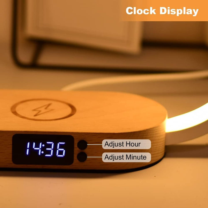 Lumora lamp with digital clock, providing soft light and convenient phone charging