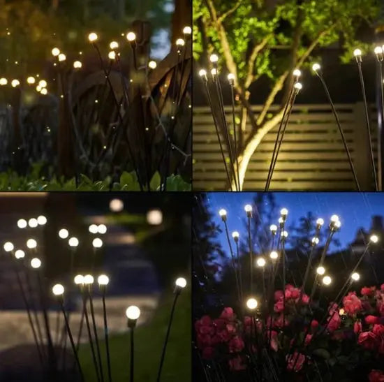 Automatic solar pathway lights casting warm LED glow along a garden path, weatherproof outdoor illumination.