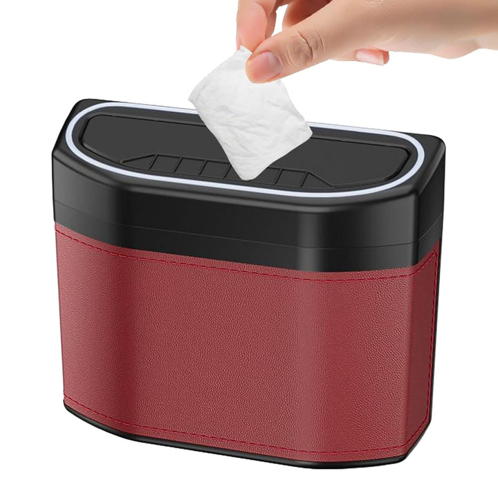 Close-up of Lurevo smell-proof car trash can's touch light mechanism, showing black finish