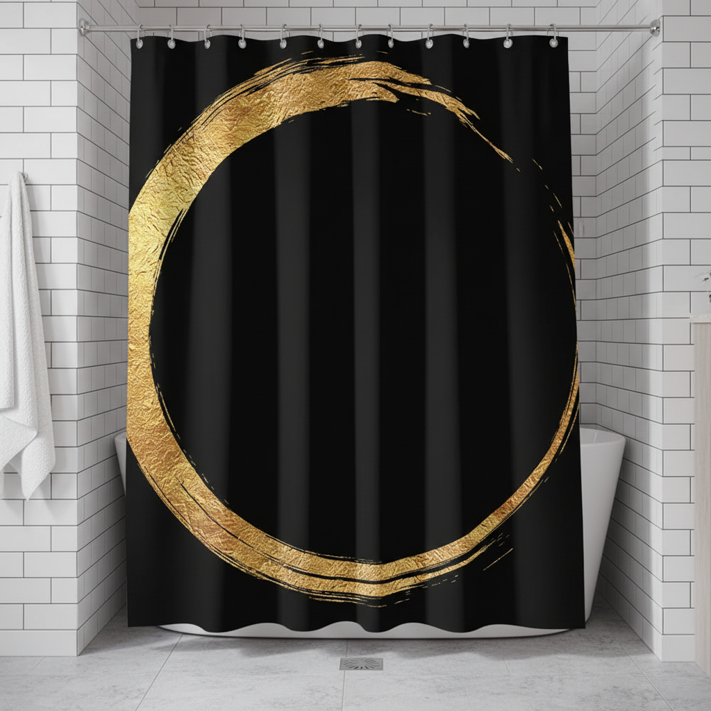 Luxurious AureoRing shower curtain in black with sophisticated gold print design for bathroom decor