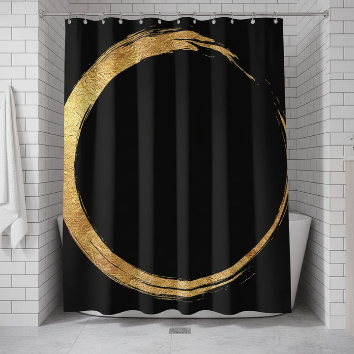 Luxurious AureoRing shower curtain in black with sophisticated gold print design for bathroom decor