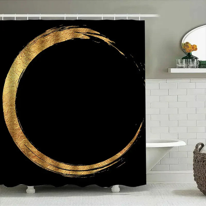 Close-up of the gold print detail on a water repellent black AureoRing shower curtain, home decor
