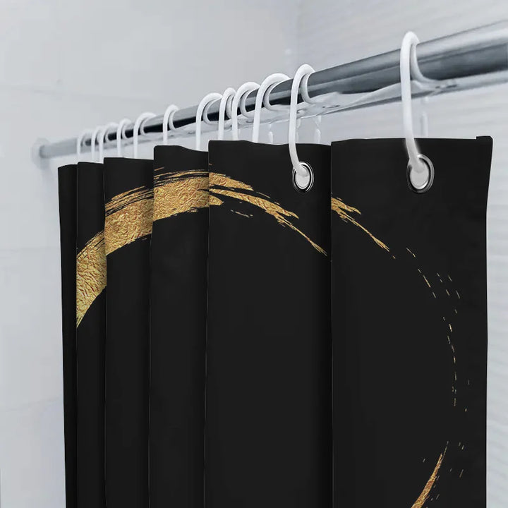 Luxury black shower curtain with a bold gold print design, perfect for modern bathroom decor