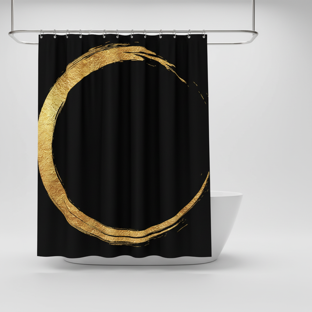 AureoRing: a stylish black & gold print shower curtain, providing privacy & a luxurious touch to any bathroom