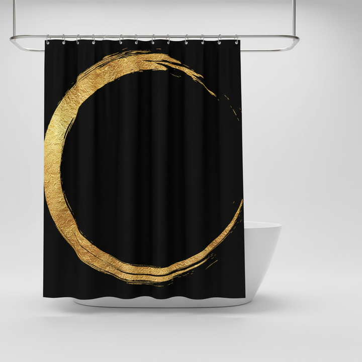 AureoRing: a stylish black & gold print shower curtain, providing privacy & a luxurious touch to any bathroom