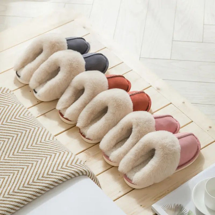 Plush Celine faux suede women's slippers, non-slip sole, cozy indoor footwear for winter comfort.
